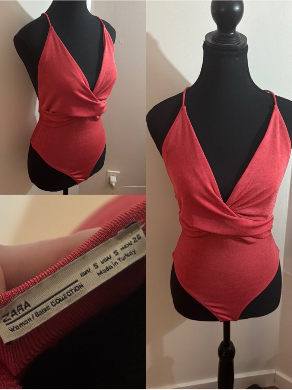 ZARA Coral-Red Wrap V-Neck Bodysuit with Spaghetti Straps
